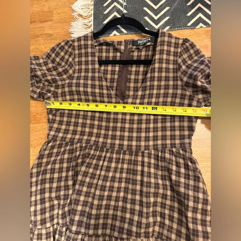 Disturbia- Brown Plaid V-Neck Tiered Short Dress - Picture 7 of 8